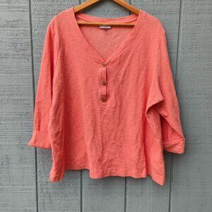 J Jill 100% Cotton V Neck Henley Top 3/4 Sleeve sz 3X Peach Minimalist Natural